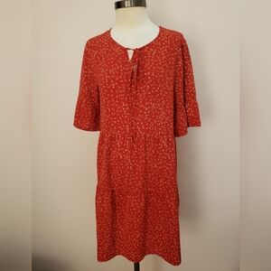 Viishow Boho Red and Cream 1/2 Sleeve Ruffle Tiered Dress, Size Small